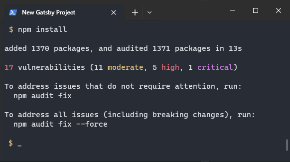NPM install on a new Gatsby